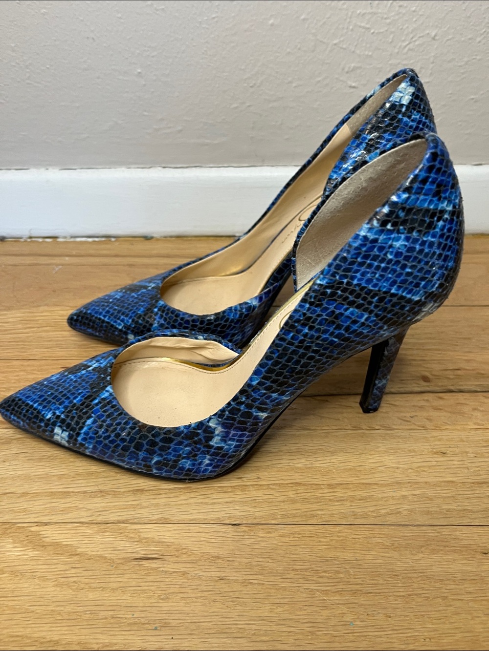 Jessica Simpson Blue and Black Snakeskin Pointed-Toe Heels